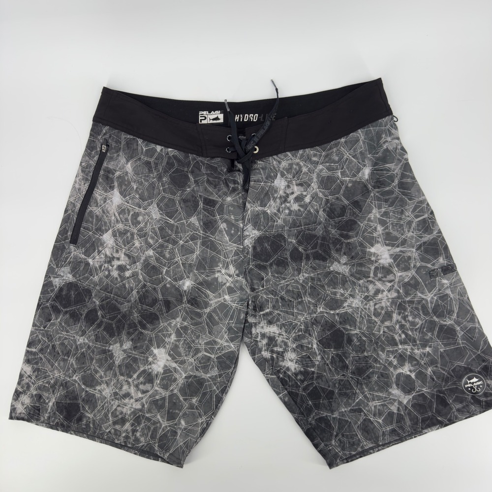 Pelagic Hydro Lite Pro Hex Boardshorts Black Gray Geometric Fishing Swim Trunks